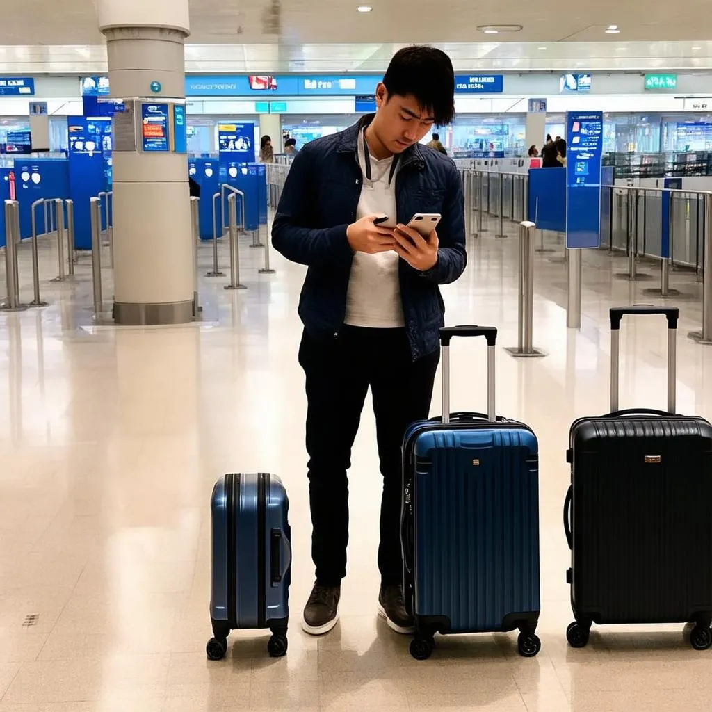 traveler looking at phone with luggage